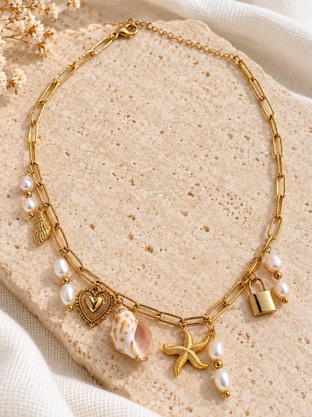 Gold-Tone Coastal Charm Necklace | Pearl & Seashell Details